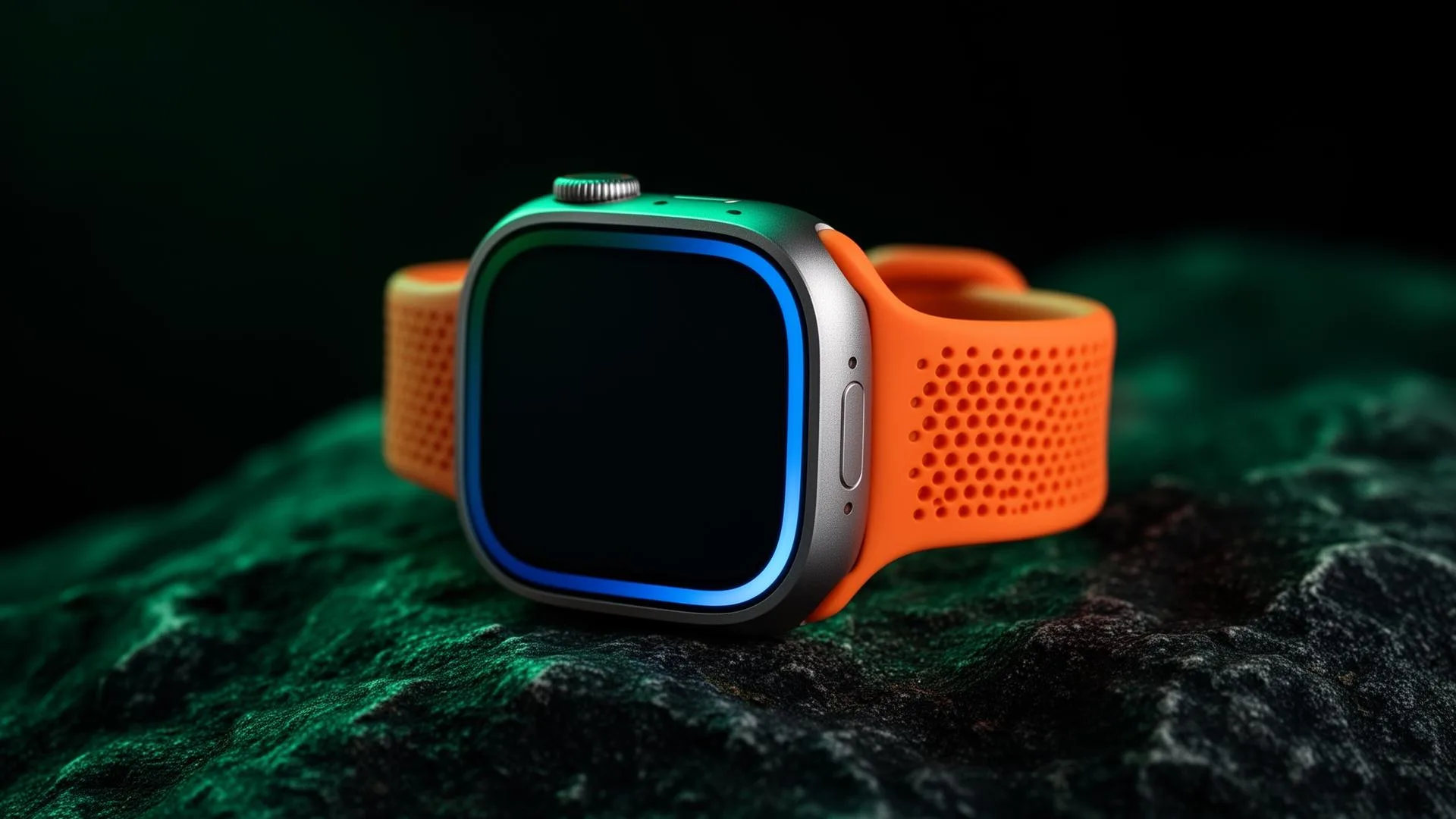 Apple Watch Ultra 2 with titanium case and orange Ocean band on dark rocky surface — resale value UAE