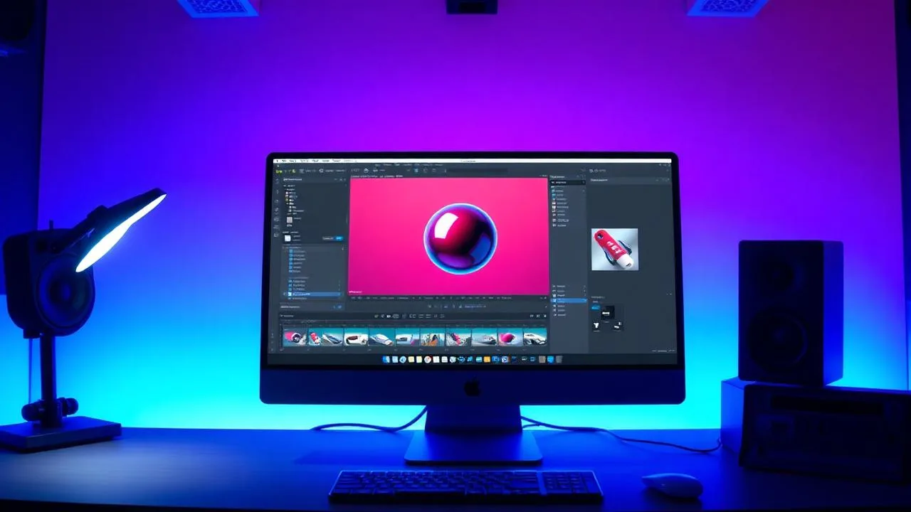 Mac Studio with Studio Display showing 3D rendering interface under deep blue and purple lighting