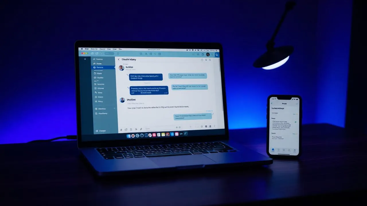 MacBook Pro and iPhone showing AI chat interface on a dark walnut desk under deep purple and blue light