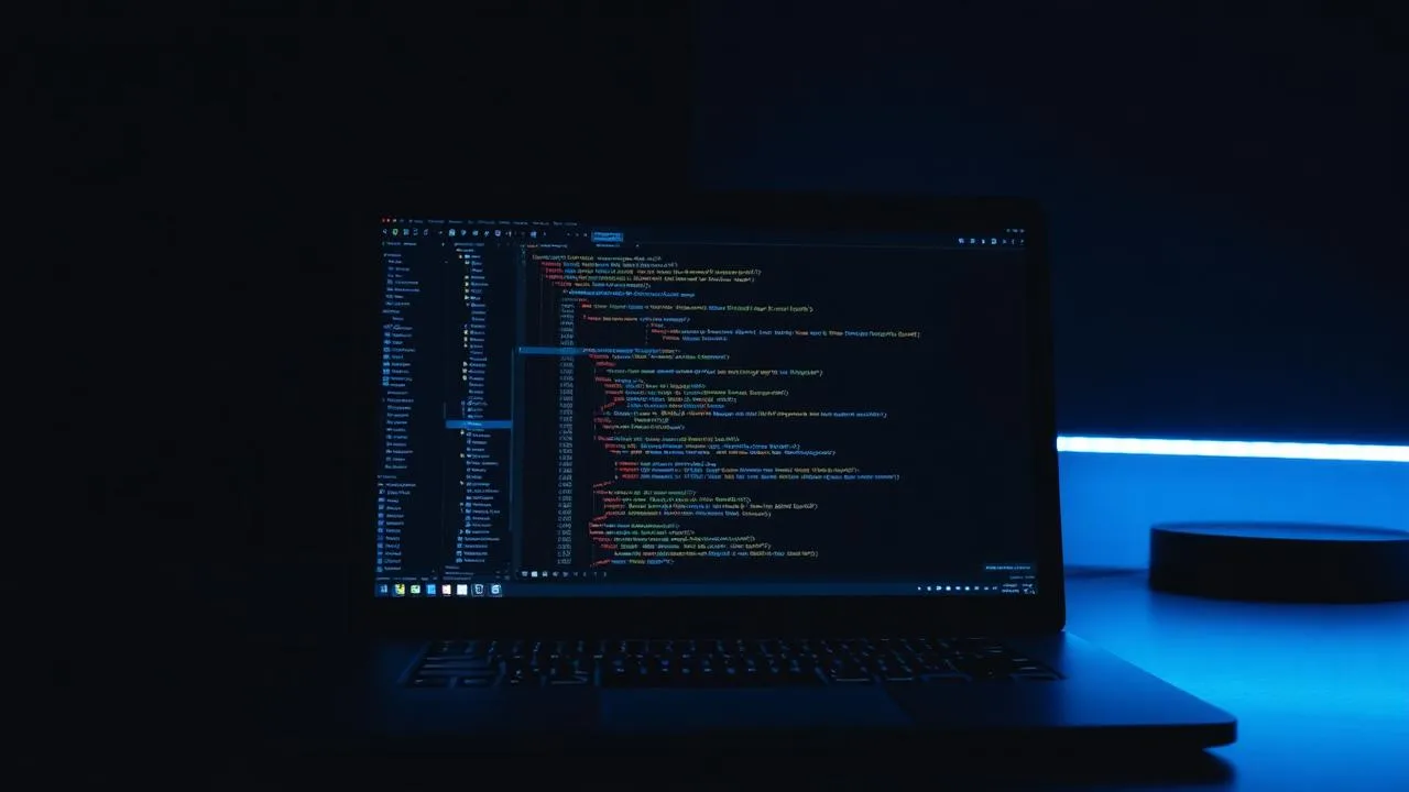 Dark developer workspace with MacBook Pro showing code editor, deep blue ambient light