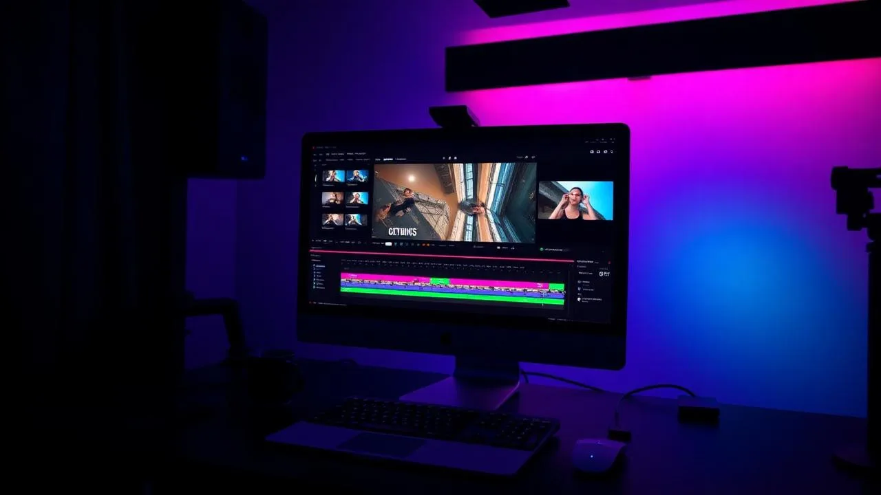 Mac Studio editing setup with colorful video timeline on Studio Display under purple and blue ambient lighting