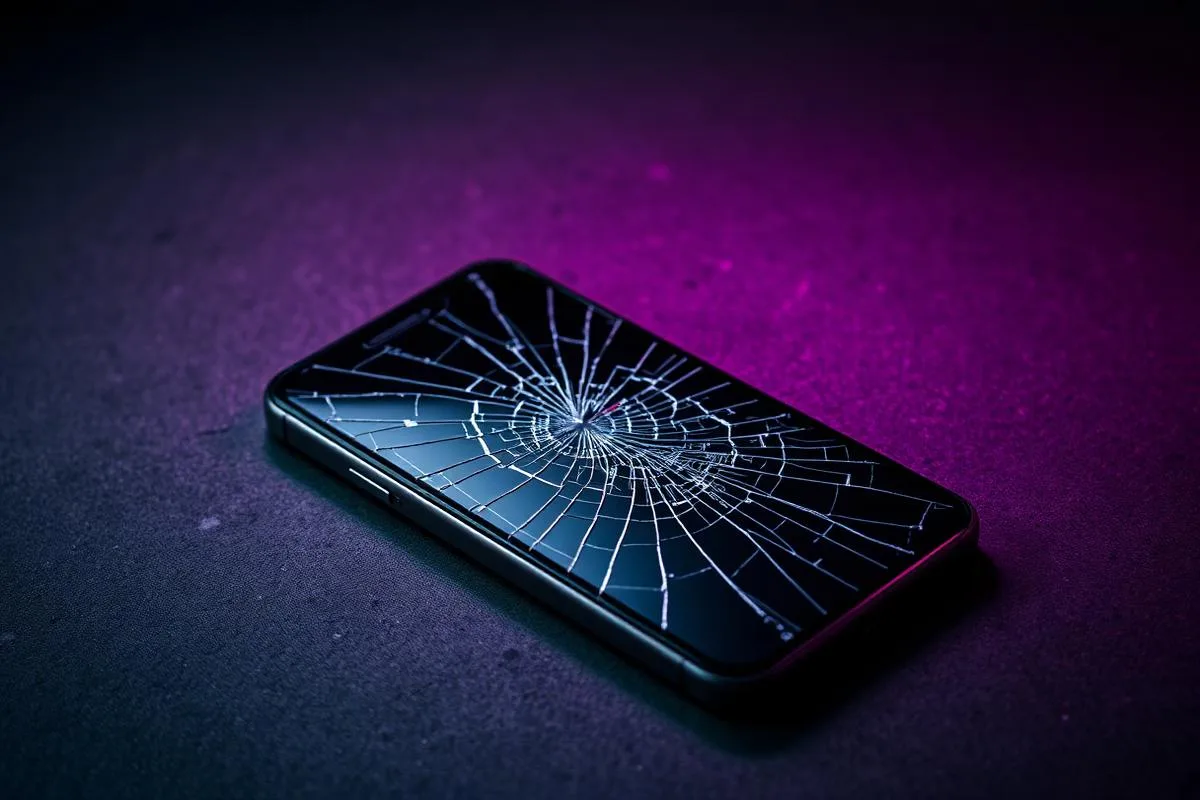 iPhone with shattered screen on dark concrete with purple rim light