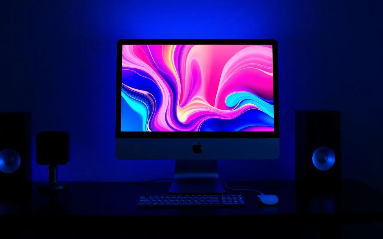 Blue 24-inch iMac M4 on a dark desk with blue ambient lighting — iMac M4 resale UAE