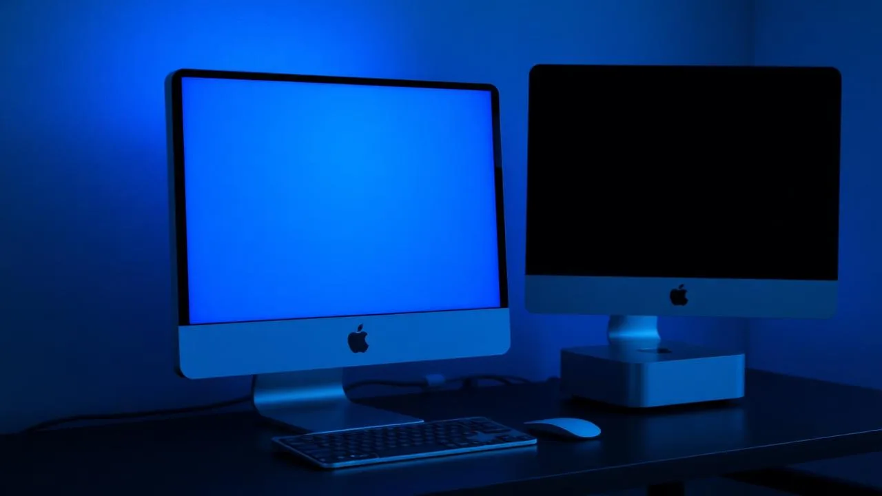 Blue iMac M4 next to a Mac Mini connected to a monitor on a dark desk under blue light