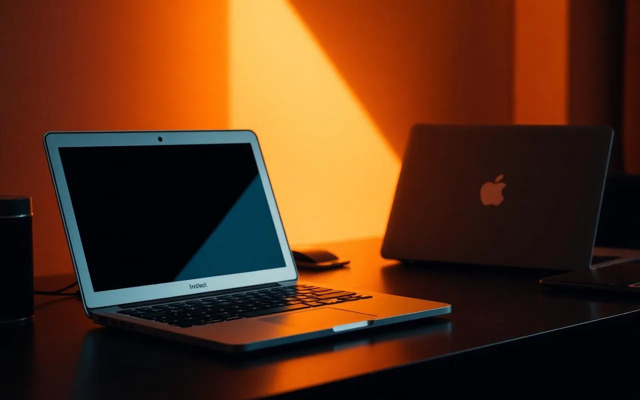 Older Intel MacBook Air next to a newer MacBook on a dark desk under warm light — Intel vs Apple Silicon