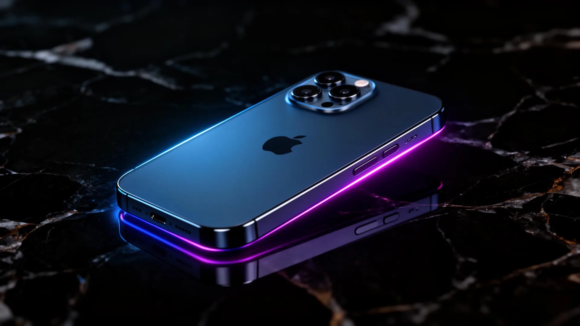 iPhone 17 Pro Max in titanium dark blue with electric blue and purple rim light — resale value UAE 2026