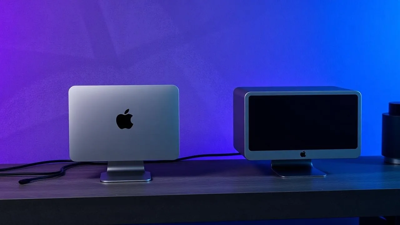 Mac Mini and Mac Studio side by side on a dark concrete desk under blue and purple light