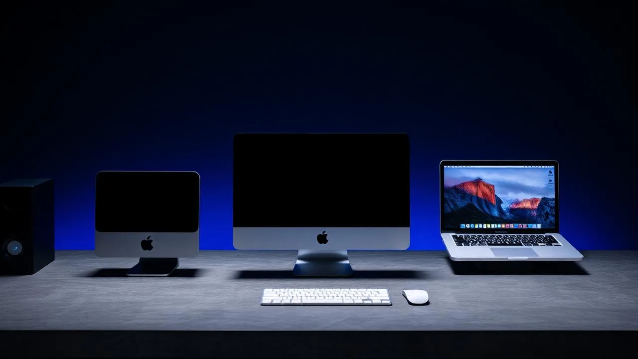 Mac Mini, Mac Studio and 16-inch MacBook Pro arranged on a dark concrete desk with blue rim lighting — Mac comparison UAE