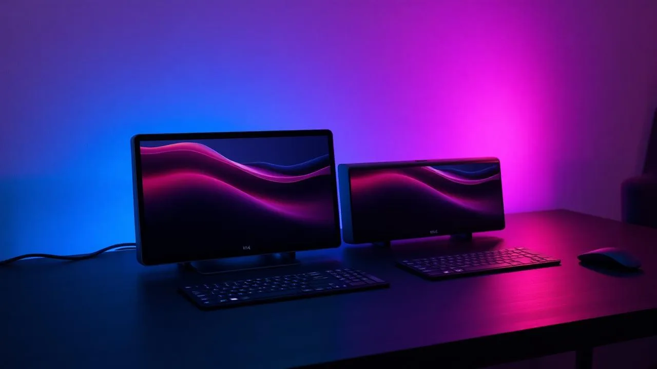 Mac Studio M4 Max next to Mac Studio M3 Ultra on a dark desk under blue and purple lighting