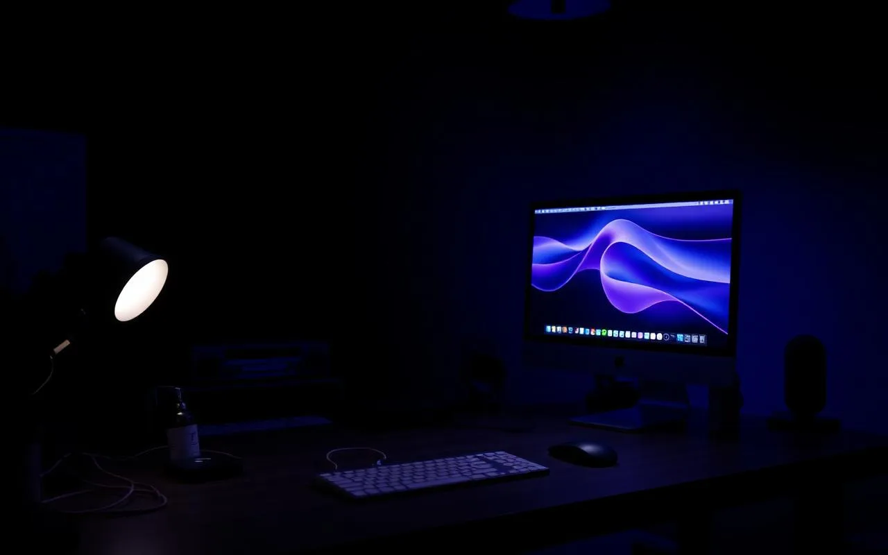Mac Studio on a dark workshop desk under blue and purple light — Mac Studio resale UAE