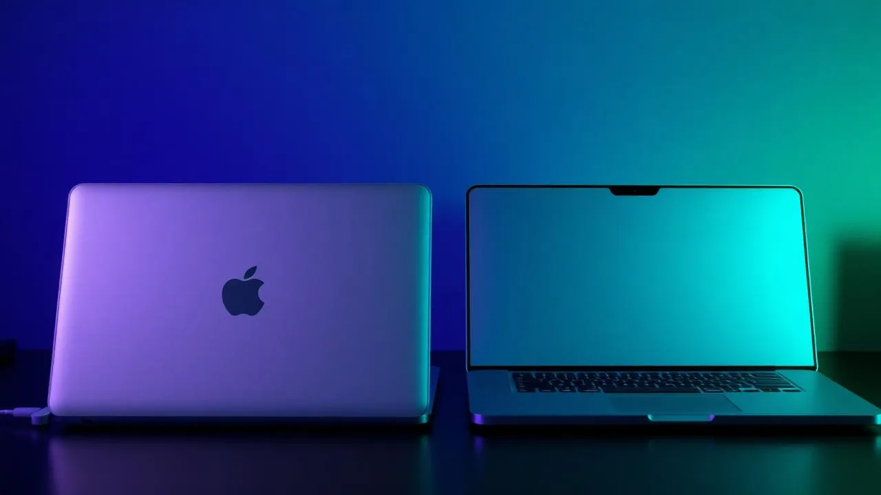 MacBook Air M2 and MacBook Air M4 closed side by side on a dark desk under cool blue and emerald light