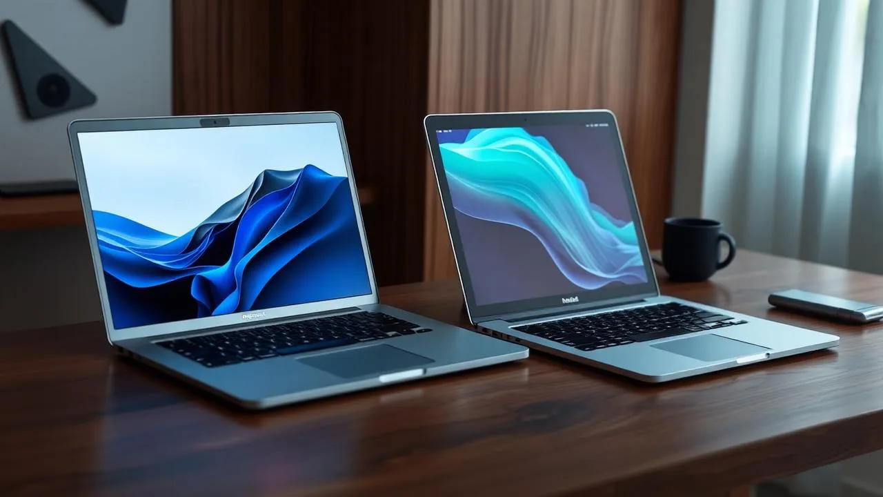 MacBook Air M4 and MacBook Pro M4 14-inch closed on a dark walnut desk under cool blue light