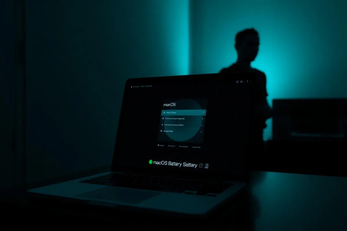 MacBook displaying macOS battery settings in a dark room