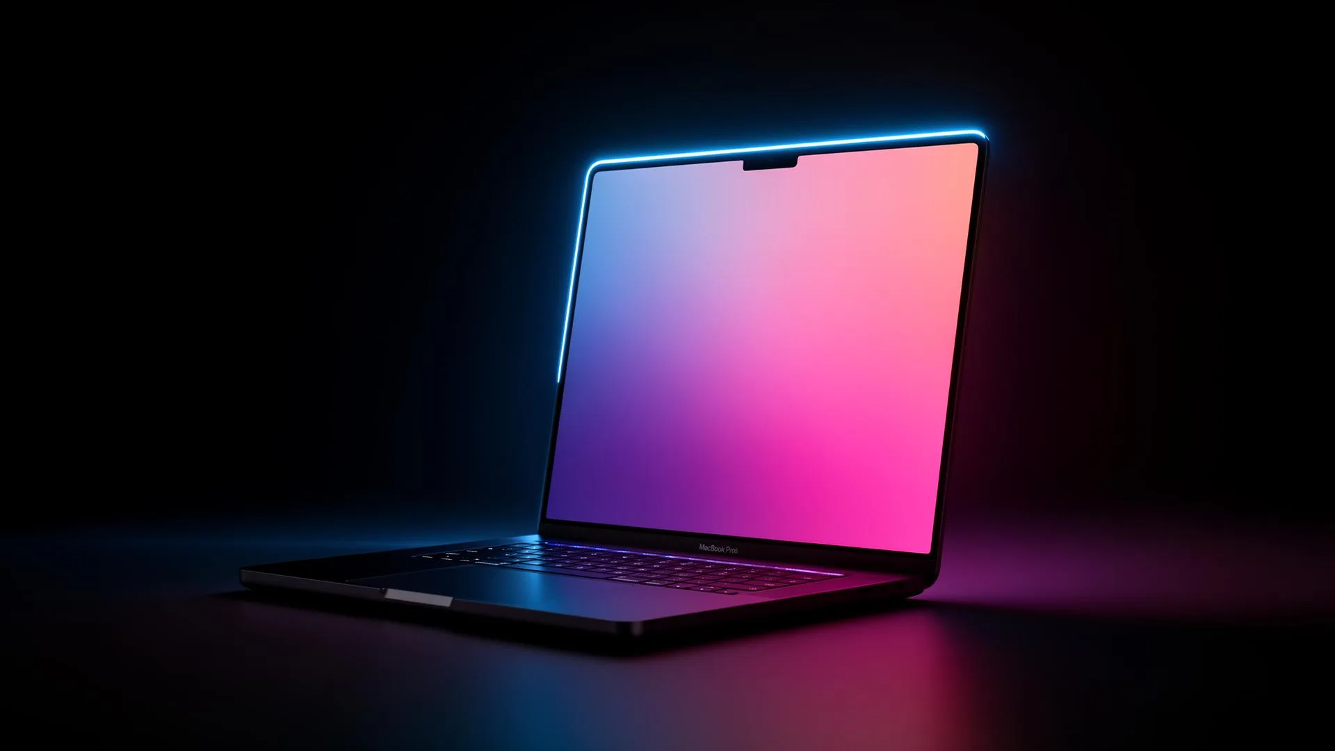 MacBook Pro M5 in space black with glowing display on dark studio backdrop — UAE buyer's guide 2026