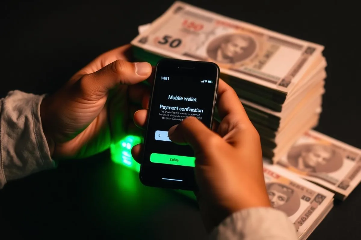 Hand holding smartphone with payment confirmation glow over AED notes