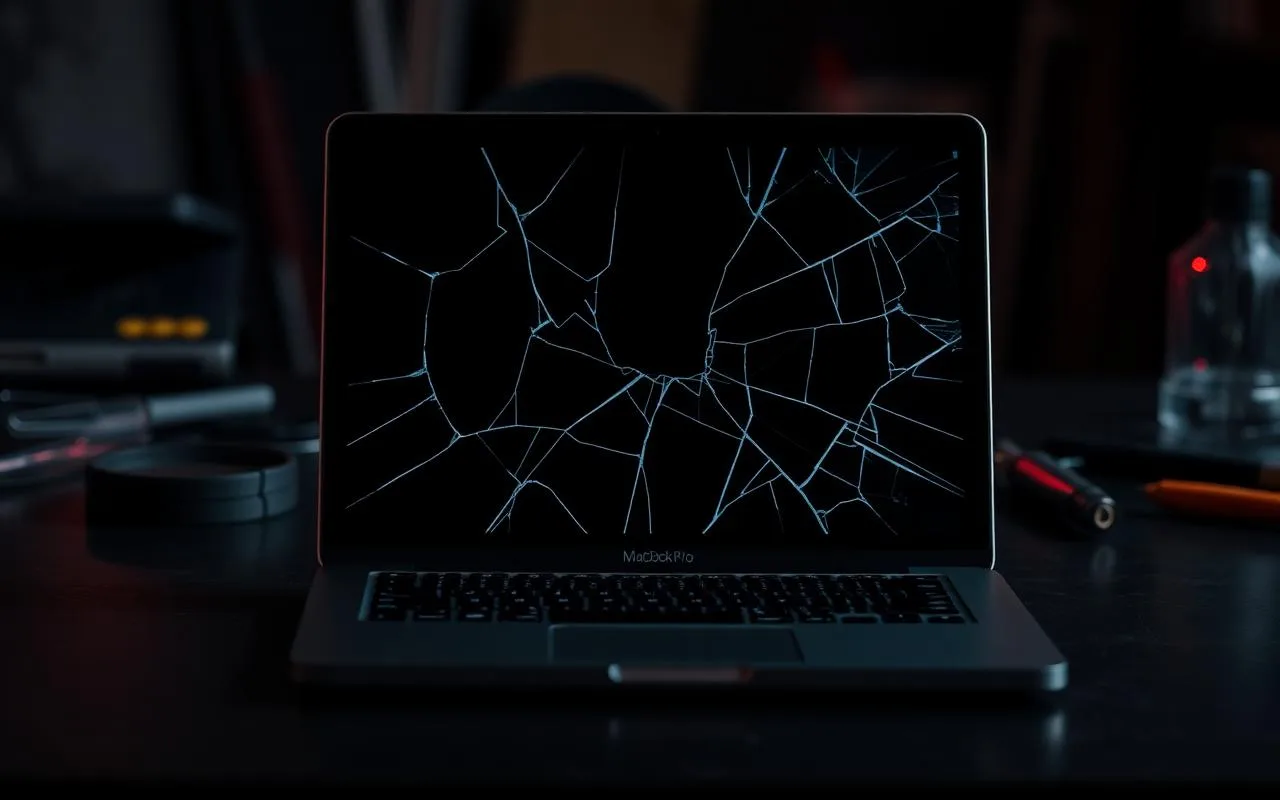 MacBook Pro with cracked screen on a dark desk with repair tools — sell broken MacBook UAE