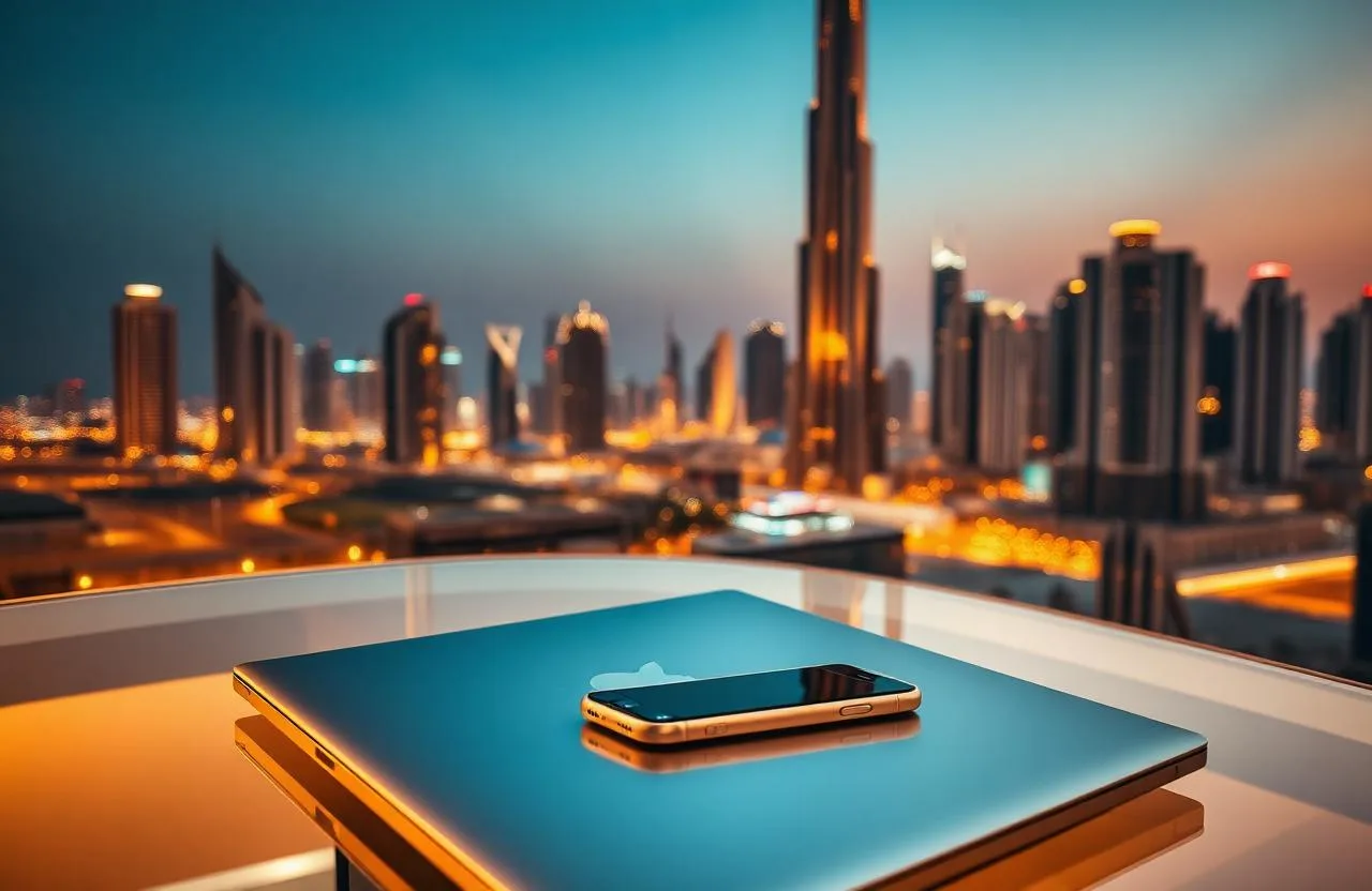 Dubai skyline at night with Burj Khalifa and purple gradient sky