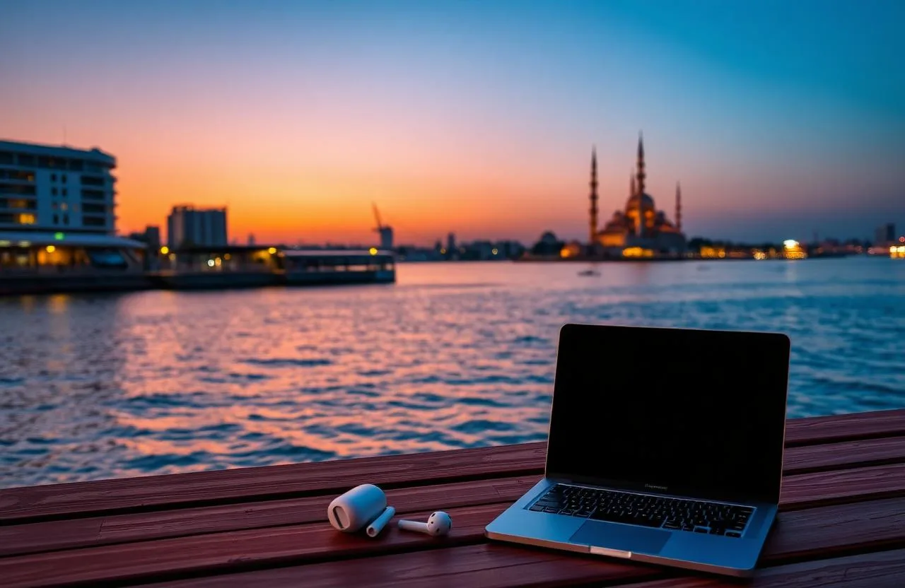 Sharjah Corniche skyline with Al Noor Mosque silhouette at dusk
