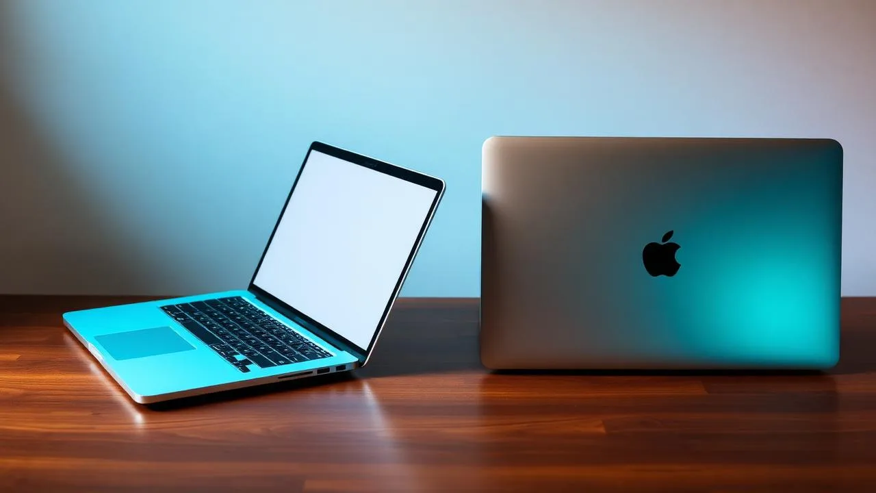 MacBook Pro and Mac Studio side by side on a dark walnut desk under cool blue and emerald lighting — trade-in concept