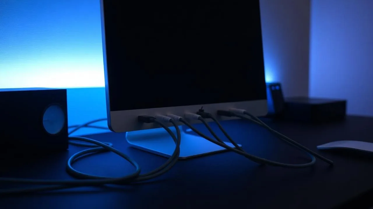 Mac Studio connected to a monitor with multiple Thunderbolt cables under dramatic blue light