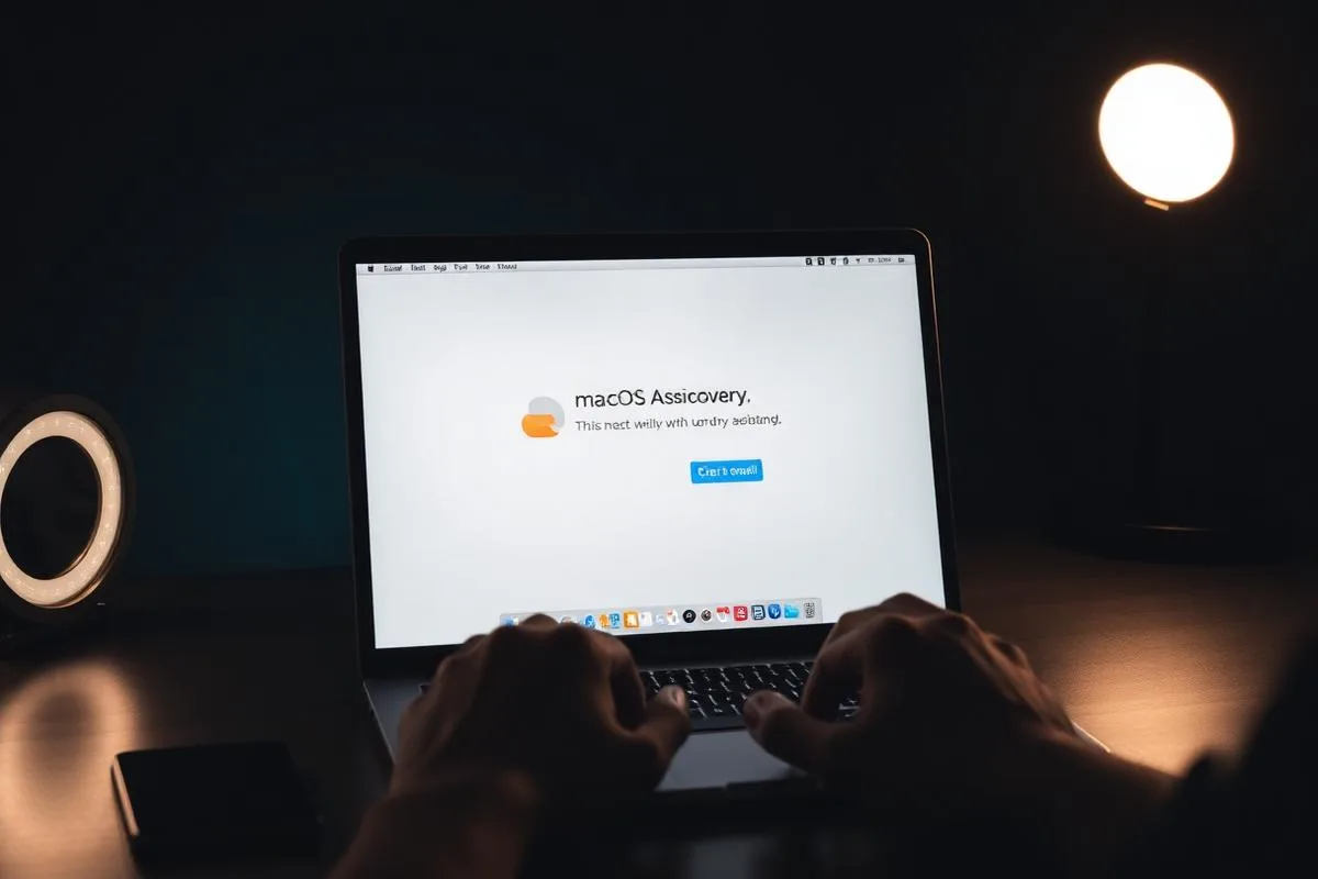 Hands typing on a MacBook showing macOS Recovery erase screen in a dark room